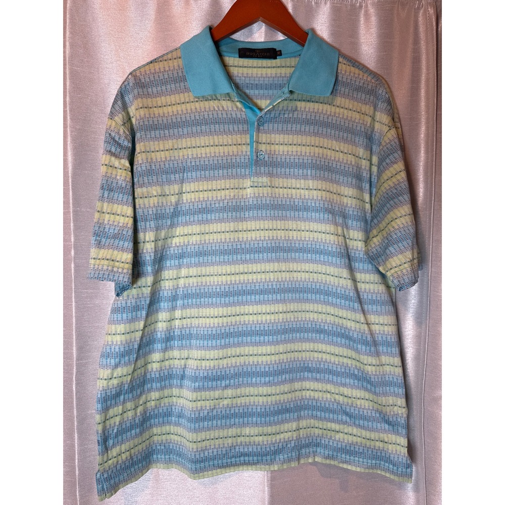 Bugatchi Mens Striped Polo golf Shirt Blue Green Short Sleeve Collar Size‎ M